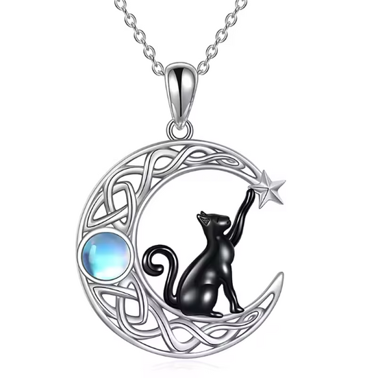 Women's Black Cat in Moon Necklace