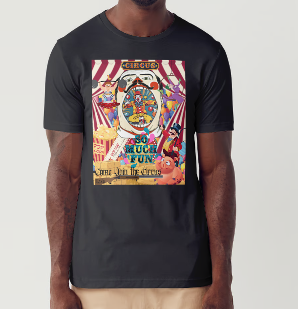 "Embrace the thrill of risk with our black cotton double sided "Come Join the Circus", evil clown shirt. The front was made to look like an ad for a traveling circus, perfect for a day at the circus or fun house, this regular fit shirt features a happy pig, shotgun, and circus handler, all surrounded by colorful balloons. Dare to be bold and stand out in this daring shirt!"