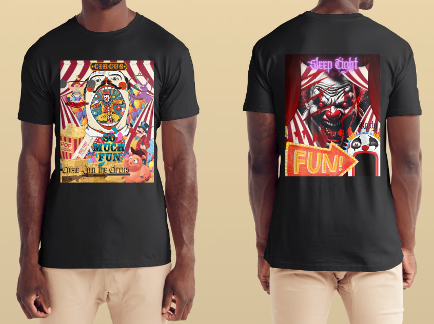 "Embrace the thrill of risk with our black cotton double sided "Come Join the Circus", evil clown shirt. The front was made to look like an ad for a traveling circus, perfect for a day at the circus or fun house, this regular fit shirt features a happy pig, shotgun, and circus handler, all surrounded by colorful balloons. Dare to be bold and stand out in this daring shirt!"