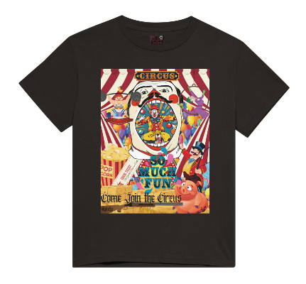 "Embrace the thrill of risk with our black cotton double sided "Come Join the Circus", evil clown shirt. The front was made to look like an ad for a traveling circus, perfect for a day at the circus or fun house, this regular fit shirt features a happy pig, shotgun, and circus handler, all surrounded by colorful balloons. Dare to be bold and stand out in this daring shirt!"
