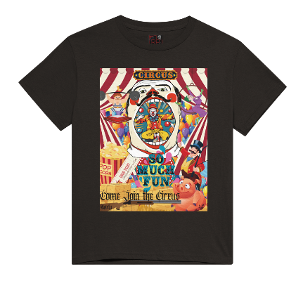 "Embrace the thrill of risk with our black cotton "Come Join the Circus", evil clown shirt. Perfect for the circus or fun house, this regular fit shirt features a happy pig, shotgun, and circus handler, all surrounded by colorful balloons. Dare to be bold and stand out in this daring women's shirt!"