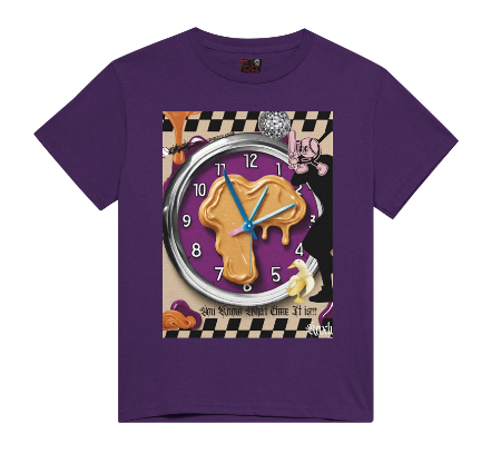 This men's t-shirt is a purple color and has a purple clock smeared with peanut butter with peanut butter dripping down the front of the shirt top and a smear of peanut butter and jelly at the bottom. A baseball player shadow holding a bat is at the side with a baseball cartoon holding a bat in front of the shadow ready to hit a baseball and there is a spiked baseball bat on the other side. 