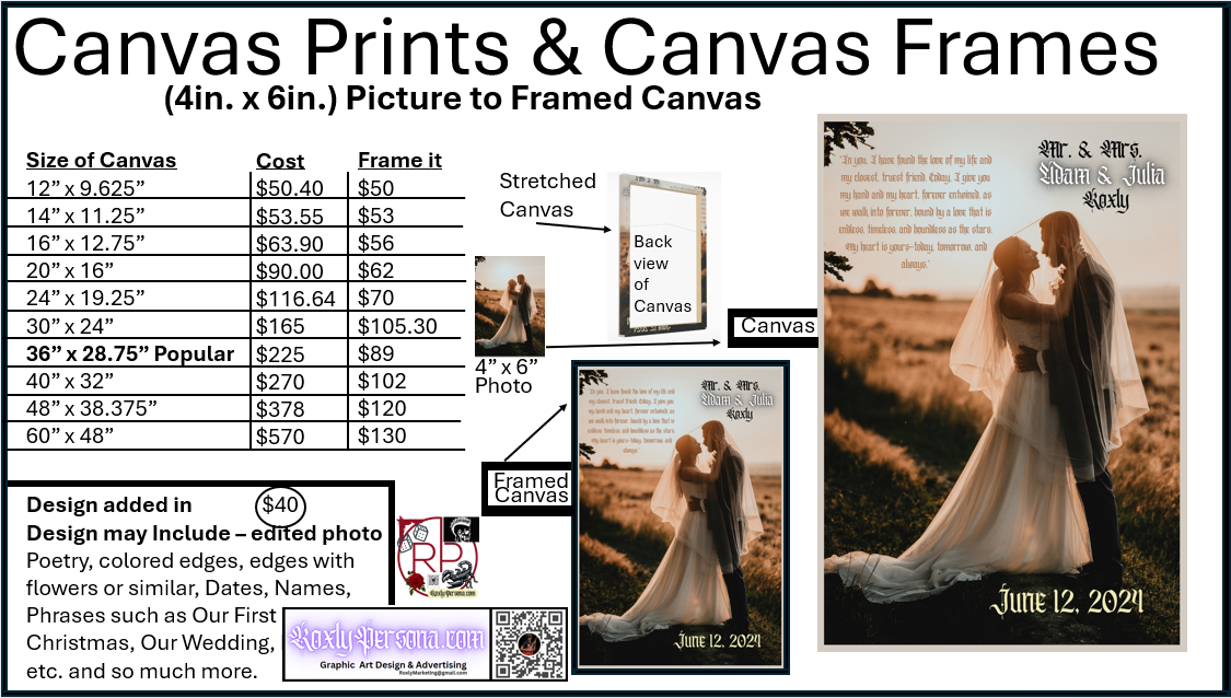 This photo shows the pricing for a service that enlarges a photo to the size of several different sizing options to become a stretched canvas with an option to be framed as well. the photo shows the front and backside of the canvas with a before and after view of the product. It also explains some of the editing that can be done to the photo such as poetry placement, adding dates and names, phrases such as our wedding, or our first Christmas.