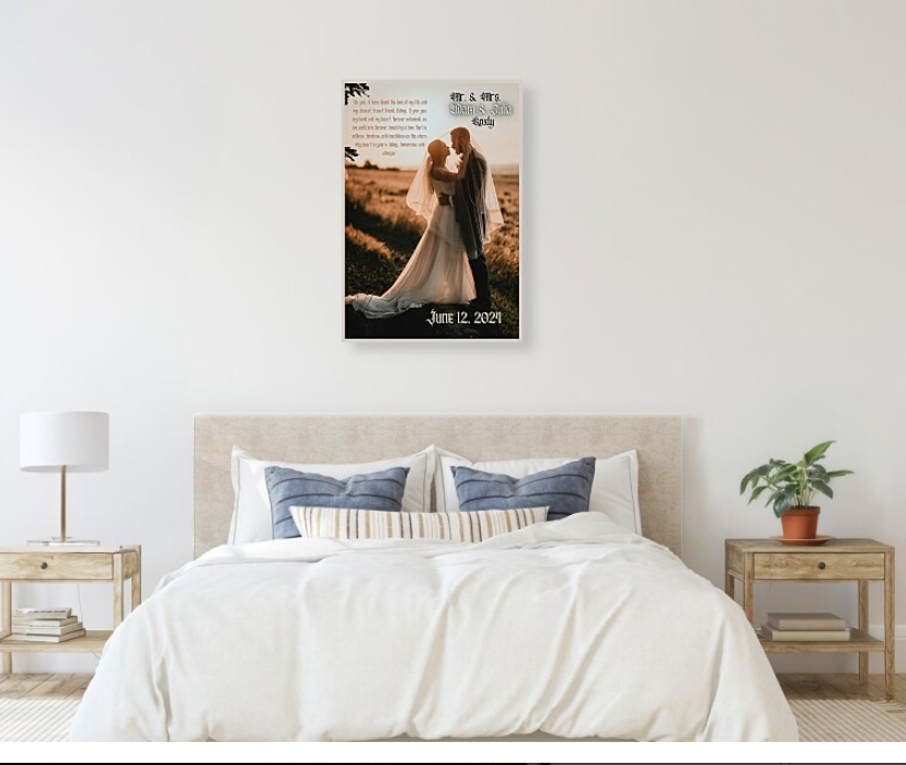 This photo shows an example of the finished product of a photo enhancement provided by roxlypersona.com hung over a bed, presumably in a bedroom as an enlarged canvas that looks like a painting.