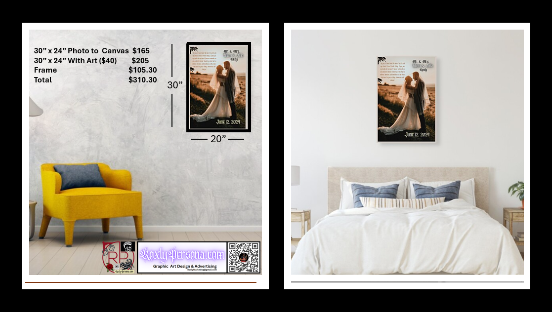 This is a photo that shows 2 images, 1 showing an example of how the finished product of an enlarged photo turned to canvas is hung in a living room and image 2 is the same product hung in a bedroom. Image 1 shows a 30" x 20" version of the enlarged photo with pricing examples.