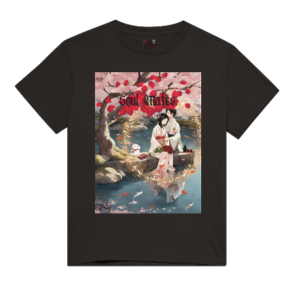 "Experience the peaceful and romantic Japanese culture with our Female White or black color Cotton shirt. Featuring a relaxed fit and stunning design of Japanese Soul Mates sitting by a smiling white cat under a Red Cherry Blossom tree and koi fishpond on date night eating sushi with saki, this shirt is perfect for a night out.  Add a touch of Japanese anime to your wardrobe.     This is part of Mike Roxly's Collection.