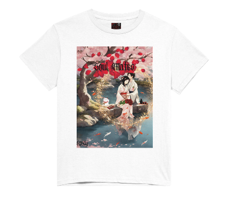 "Experience the peaceful and romantic Japanese culture with our Female White or black color Cotton shirt. Featuring a relaxed fit and stunning design of Japanese Soul Mates sitting by a smiling white cat under a Red Cherry Blossom tree and koi fishpond on date night eating sushi with saki, this shirt is perfect for a night out.  Add a touch of Japanese anime to your wardrobe.     This is part of Mike Roxly's Collection.