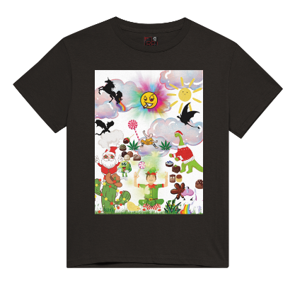 This Men's T-shirt entitled "Strung Out", features an elf in the desert with cactus decorated with Christmas lights enjoying cannabis exhaling green smoke where we can see him envisioning of sweets swirling around him, a Shaolin monk fighting a dinosaur with dragons and a unicorn flying in the background, a Smily face that is smoking a refer with droopy eyes, and Santa celebrating with a pipe.