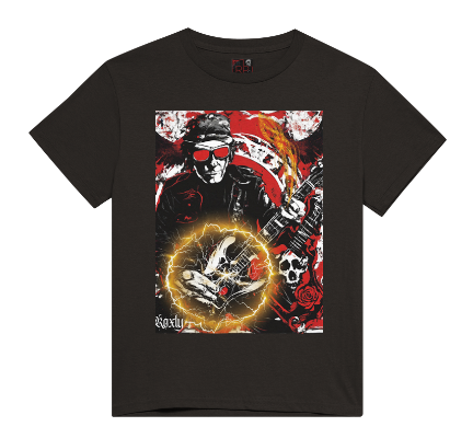 This shirt's art design is entitled energy to focus on the energy we receive playing and listening to music particularly through sound vibration. In the art you can see energy pulsing from the musicians strumming of the guitar with swirling energy around the musician. This shirt features a guitarist, skulls, energy streams, with a rock and roll aesthetic. Available in Black or Red color t-shirts.  This is part of the Mike Roxly Collection.