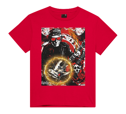 This shirt's art design is entitled energy to focus on the energy we receive playing and listening to music particularly through sound vibration. In the art you can see energy pulsing from the musicians strumming of the guitar with swirling energy around the musician. This shirt features a guitarist, skulls, energy streams, with a rock and roll aesthetic. Available in Black or Red color t-shirts.  This is part of the Mike Roxly Collection.