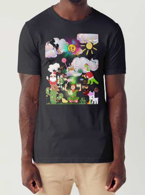 This Men's T-shirt entitled "Strung Out", features an elf in the desert with cactus decorated with Christmas lights enjoying cannabis exhaling green smoke where we can see him envisioning of sweets swirling around him, a Shaolin monk fighting a dinosaur with dragons and a unicorn flying in the background, a Smily face that is smoking a refer with droopy eyes, and Santa celebrating with a pipe.