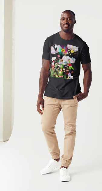 This Men's T-shirt entitled "Strung Out", features an elf in the desert with cactus decorated with Christmas lights enjoying cannabis exhaling green smoke where we can see him envisioning of sweets swirling around him, a Shaolin monk fighting a dinosaur with dragons and a unicorn flying in the background, a Smily face that is smoking a refer with droopy eyes, and Santa celebrating with a pipe.