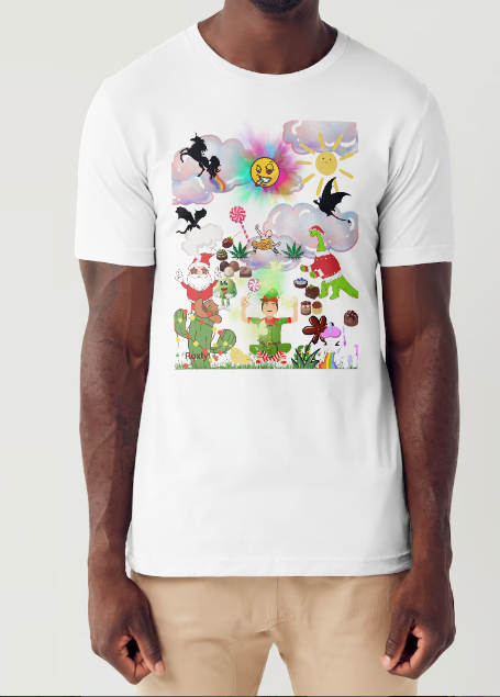 This Men's T-shirt entitled "Strung Out", features an elf in the desert with cactus decorated with Christmas lights enjoying cannabis exhaling green smoke where we can see him envisioning of sweets swirling around him, a Shaolin monk fighting a dinosaur with dragons and a unicorn flying in the background, a Smily face that is smoking a refer with droopy eyes, and Santa celebrating with a pipe.