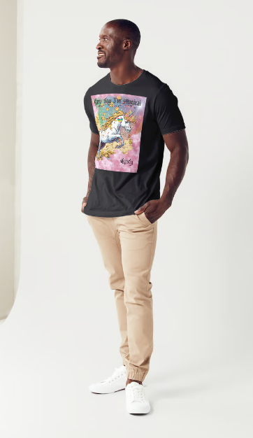 This is a black t-shirt entitled "they say I'm magical", features a White unicorn with a blinding light from its' horn, a golden mane and a rainbow tail galloping through cotton candy pink clouds filled with raining golden coins and a multicolor background.  This shirt is for the bold unapologetically yourself type of guy. YOLO.  This is part of the Mike Roxly Collection.