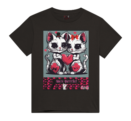 This T-shirt entitled "You're Puurfect", features a cat couple holding a large red heart with heart emojis floating around them showing they're feeling the love in the air. Below them is a banner of pink cupid cut-outs with a black cat leaning on the title "You're Puurfect", with another white cat character with a face of delight sits below the title looking in admiration of the love.