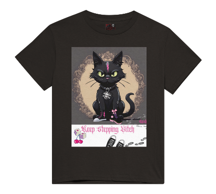 "The 'Keep Stepping Bitch' t-shirt packs a punch with its sassy black cat and bold pink lightning bolt design. Complete with punk/gothic boots, lucky dice, and sexy red cherries, this shirt exudes confidence and attitude. Perfect for those who are unapologetically themselves. Get ready to step up your style game." Available in Black color t-shirt and sizes small through XX-Large.  This is part of the Mike Roxly Collection.