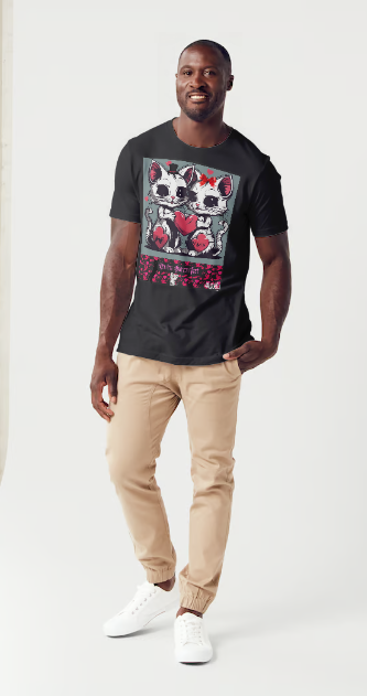 This T-shirt entitled "You're Puurfect", features a cat couple holding a large red heart with heart emojis floating around them showing they're feeling the love in the air. Below them is a banner of pink cupid cut-outs with a black cat leaning on the title "You're Puurfect", with another white cat character with a face of delight sits below the title looking in admiration of the love.