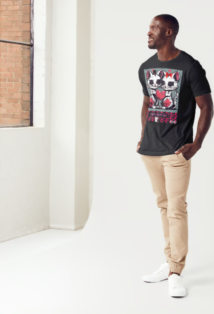 This T-shirt entitled "You're Puurfect", features a cat couple holding a large red heart with heart emojis floating around them showing they're feeling the love in the air. Below them is a banner of pink cupid cut-outs with a black cat leaning on the title "You're Puurfect", with another white cat character with a face of delight sits below the title looking in admiration of the love.