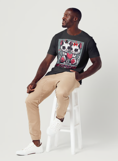 This T-shirt entitled "You're Puurfect", features a cat couple holding a large red heart with heart emojis floating around them showing they're feeling the love in the air. Below them is a banner of pink cupid cut-outs with a black cat leaning on the title "You're Puurfect", with another white cat character with a face of delight sits below the title looking in admiration of the love.