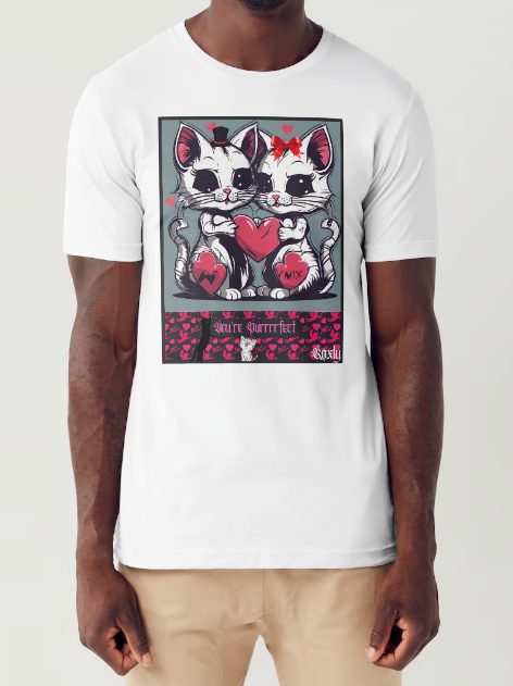 This T-shirt entitled "You're Puurfect", features a cat couple holding a large red heart with heart emojis floating around them showing they're feeling the love in the air. Below them is a banner of pink cupid cut-outs with a black cat leaning on the title "You're Puurfect", with another white cat character with a face of delight sits below the title looking in admiration of the love.