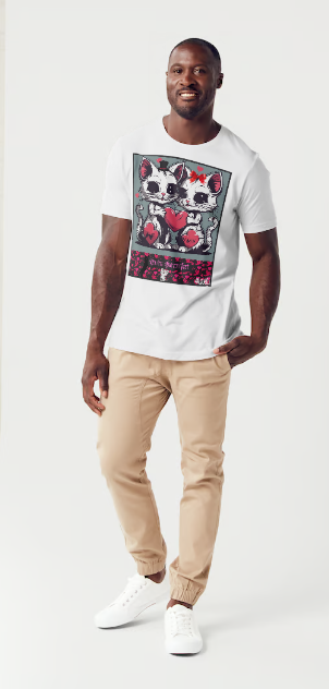 This T-shirt entitled "You're Puurfect", features a cat couple holding a large red heart with heart emojis floating around them showing they're feeling the love in the air. Below them is a banner of pink cupid cut-outs with a black cat leaning on the title "You're Puurfect", with another white cat character with a face of delight sits below the title looking in admiration of the love.