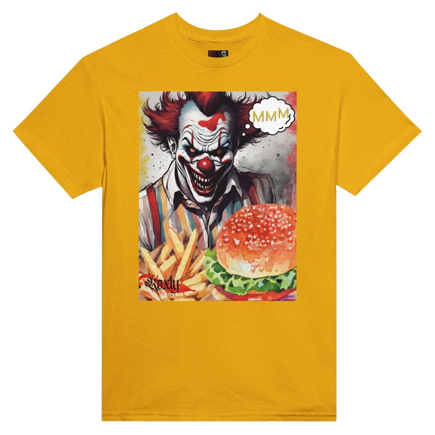 This is a picture of roxly persona's yellow mustard graphic tee shirt. The shirt has an evil looking clown smiling in the back with cloud thought MMM. In front is displayed a tasty looking burger and fries.