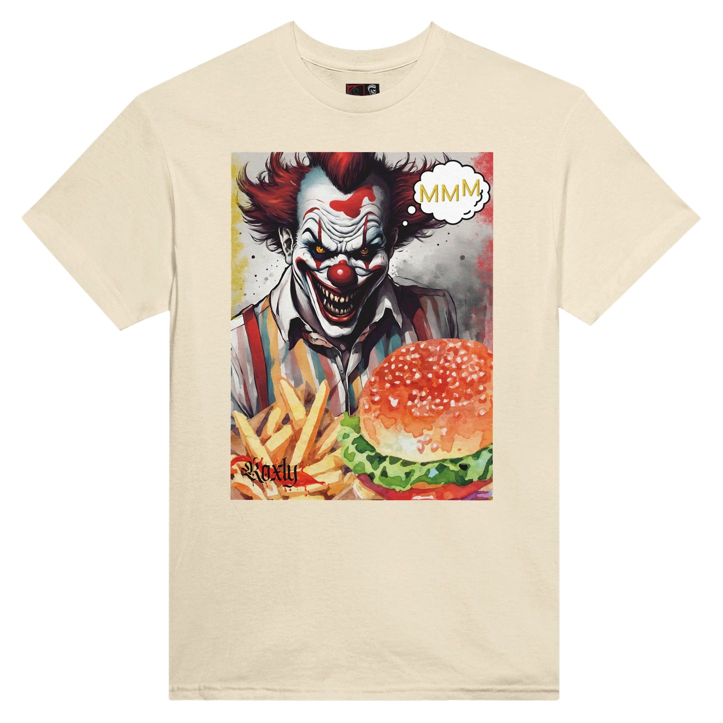 This is a picture of roxly persona's tan graphic tee shirt. The shirt has an evil looking clown smiling in the back with cloud thought MMM. In front is displayed a tasty looking burger and fries.