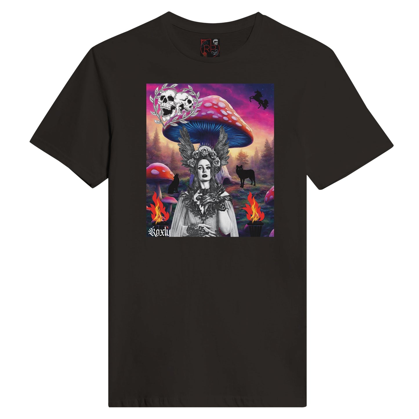 This is a picture of a black graphic tee shirt with picture of Hecate with torches on either side black wolves howling in the background by a large mushroom tree the size of a house. There is a forest in the back ground with a blacked out unicorn in the sky. In front of and on the top side of the Large mushroom is a couple of skulls encircled with a heart shape of leaves.