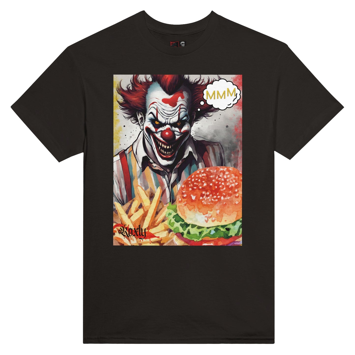 This is a picture of roxly persona's black graphic tee shirt. The shirt has an evil looking clown smiling in the back with cloud thought MMM. In front is displayed a tasty looking burger and fries.