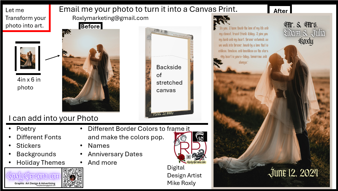 Advertisement for a photo enhancement to be changed into a canvas service, showing a before and after image of a couple embracing, with options for personalization such as adding poetry, names, and different background themes. This shows how 4 by 6 photo can be visually enhanced and then resized to a canvas with poetry, names of the bride and groom on the photo, and their wedding date added in.