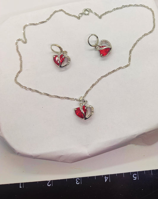 Red heart to heart glass Necklace and Earrings set