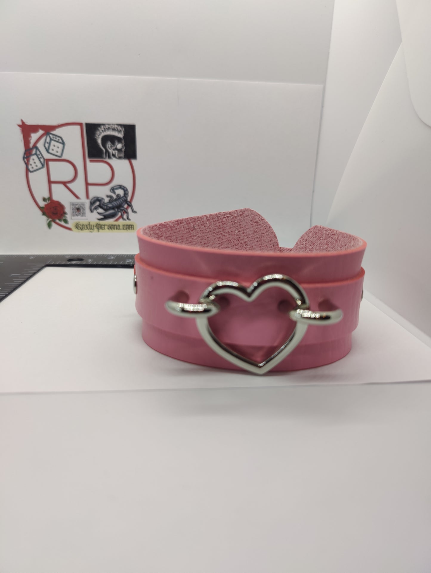 Pink Leather punk Rock Bracelet with metal heart