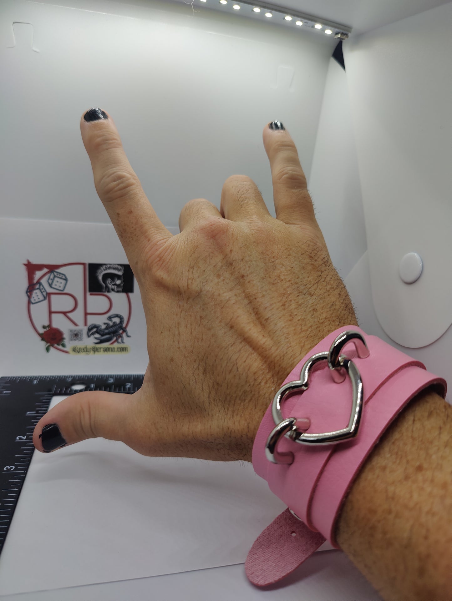 Pink Leather punk Rock Bracelet with metal heart