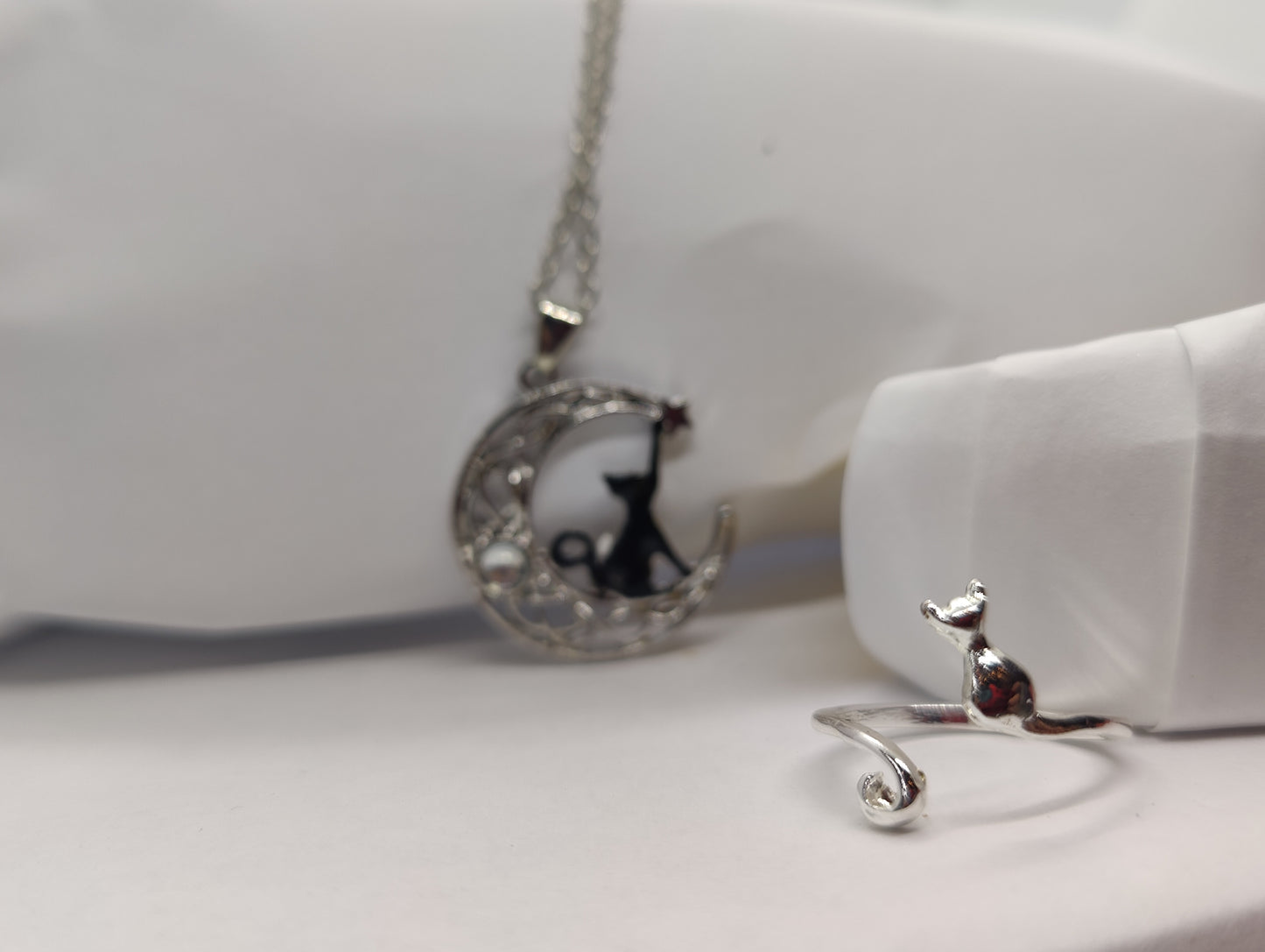 Cat in the moon necklace with adjustable ring set