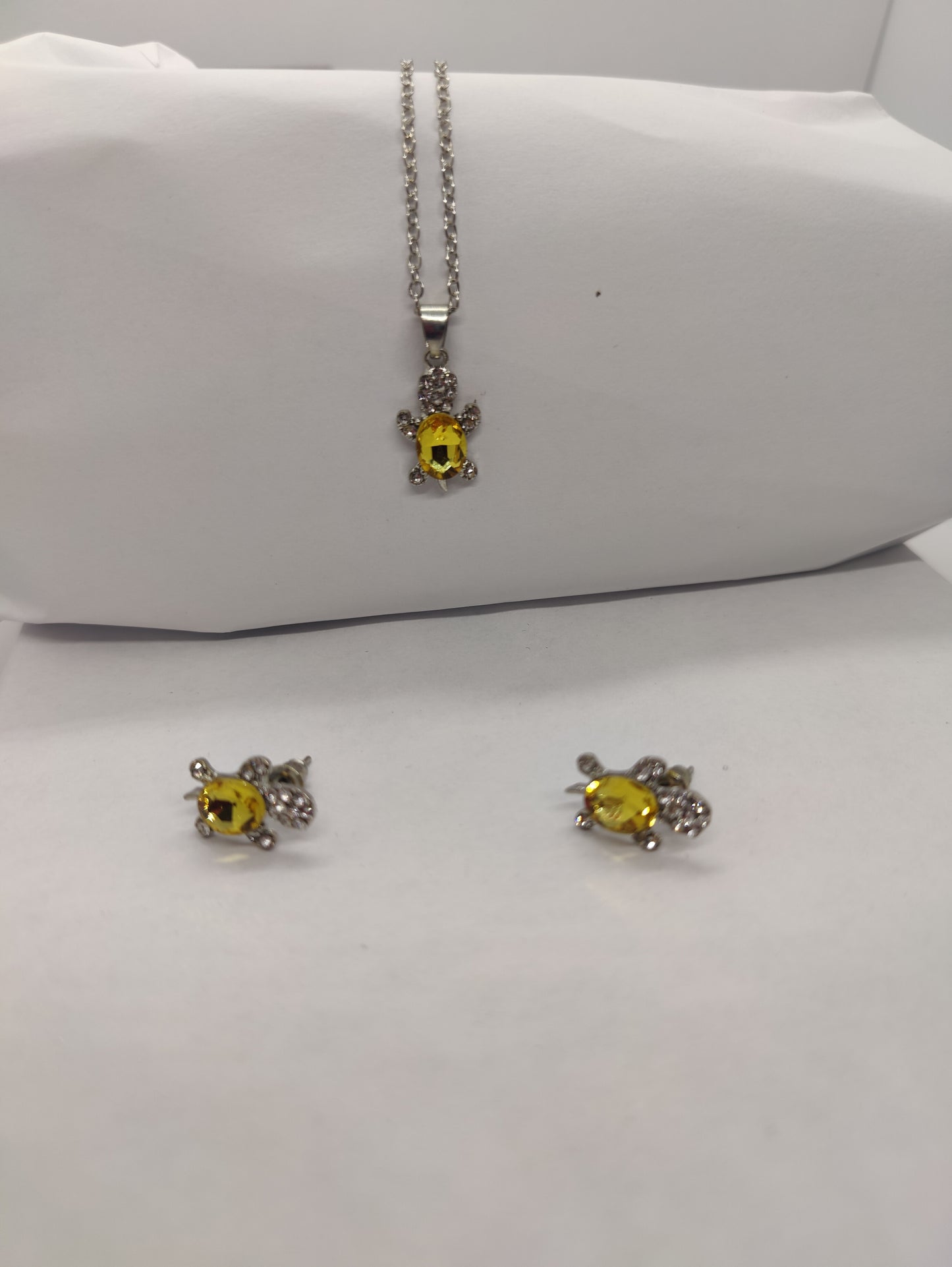 Yellow on silver color glass turtle necklace and earrings set