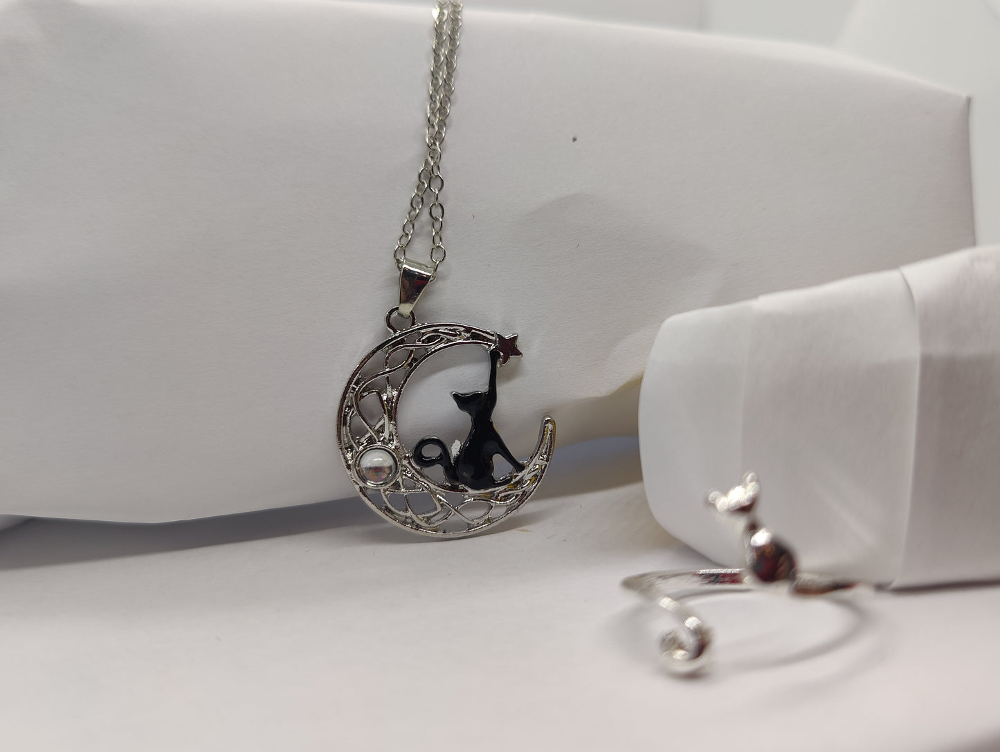 Cat in the moon necklace with adjustable ring set