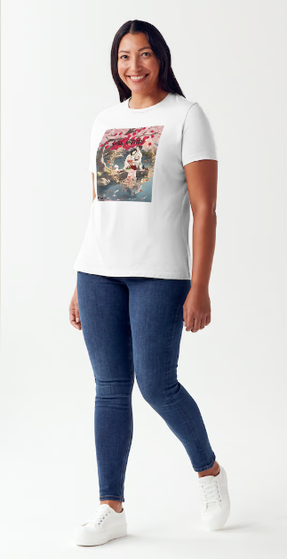 "Experience the peaceful and romantic Japanese culture with our Female White or black color Cotton shirt. Featuring a relaxed fit and stunning design of Japanese Soul Mates sitting by a smiling white cat under a Red Cherry Blossom tree and koi fishpond on date night eating sushi with saki, this shirt is perfect for a night out.  Add a touch of Japanese anime to your wardrobe.     This is part of Mike Roxly's Collection.